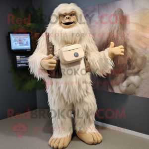 Cream Sasquatch mascot costume character dressed with a Pleated Skirt and Messenger bags
