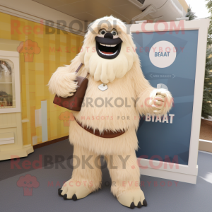 Cream Sasquatch mascot costume character dressed with a Pleated Skirt and Messenger bags