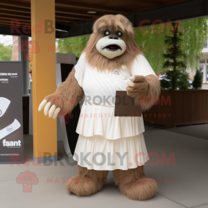 Cream Sasquatch mascot costume character dressed with a Pleated Skirt and Messenger bags