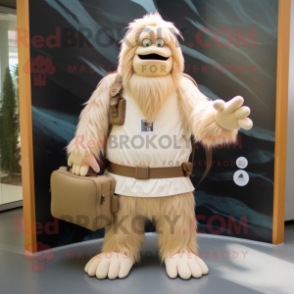 Cream Sasquatch mascot costume character dressed with a Pleated Skirt and Messenger bags