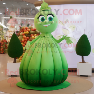Green Apricot mascot costume character dressed with a Evening Gown and Rings
