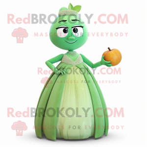 Green Apricot mascot costume character dressed with a Evening Gown and Rings