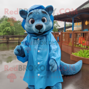 Blue Jaguarundi mascot costume character dressed with a Raincoat and Earrings