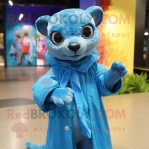 Blue Jaguarundi mascot costume character dressed with a Raincoat and Earrings