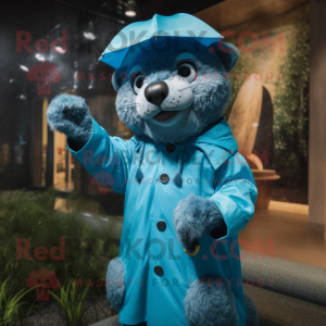 Blue Jaguarundi mascot costume character dressed with a Raincoat and Earrings