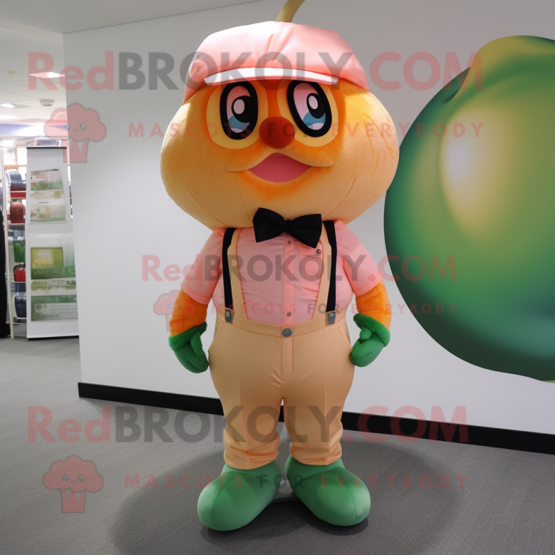 Peach Candy mascot costume character dressed with a Cargo Pants and Bow ties Peach Candy mascot costume character dressed with a Cargo Pants and Bow ties