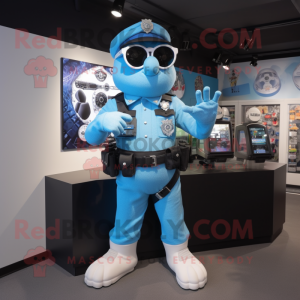 Sky Blue Police Officer mascot costume character dressed with a Tank Top and Bracelet watches