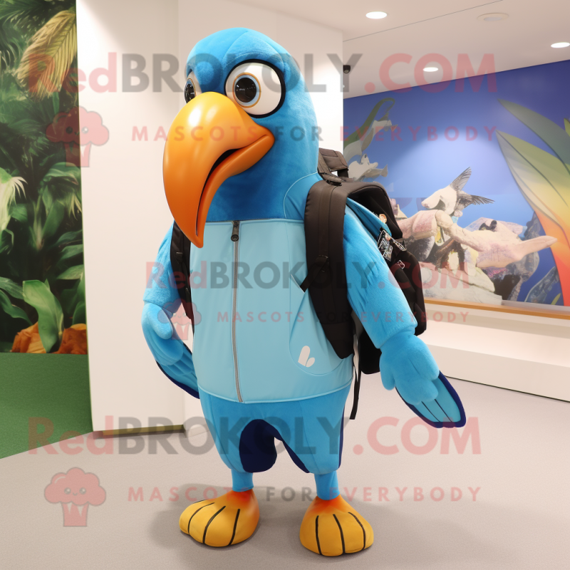 Sky Blue Toucan mascot costume character dressed with a Sweatshirt and Backpacks