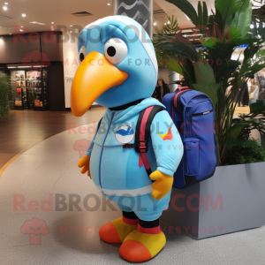 Sky Blue Toucan mascot costume character dressed with a Sweatshirt and Backpacks