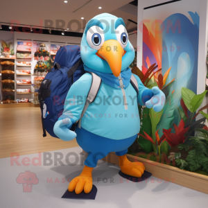 Sky Blue Toucan mascot costume character dressed with a Sweatshirt and Backpacks