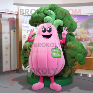 Pink Broccoli mascot costume character dressed with a Shift Dress and Shoe clips
