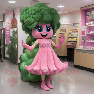 Pink Broccoli mascot costume character dressed with a Shift Dress and Shoe clips