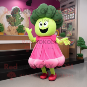 Pink Broccoli mascot costume character dressed with a Shift Dress and Shoe clips