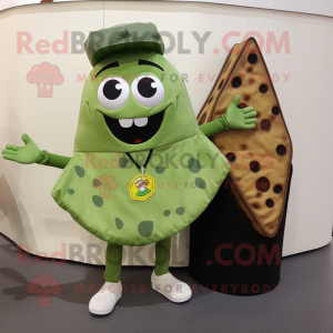 Olive Pizza Slice mascot costume character dressed with a Vest and Coin purses