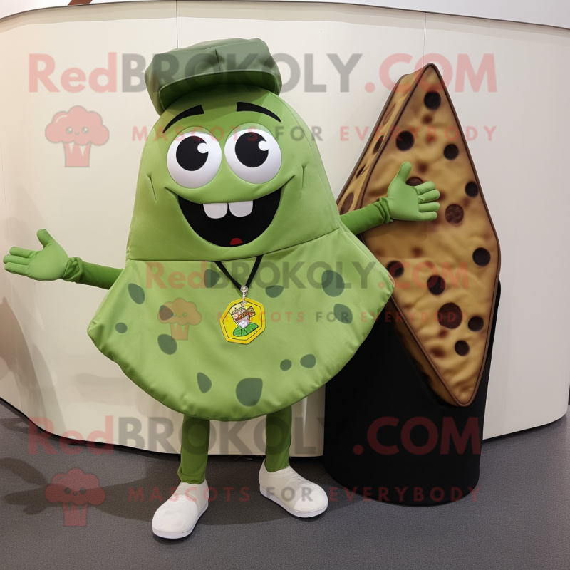 Olive Pizza Slice mascot costume character dressed with a Vest and Coin purses Olive Pizza Slice mascot costume character dressed with a Vest and Coin purses