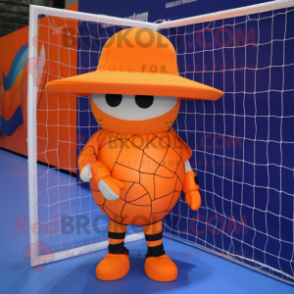 Orange Volleyball Net mascot costume character dressed with a Coat and Hats