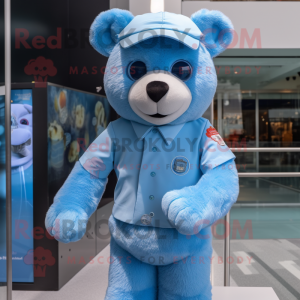 Sky Blue Bear mascot costume character dressed with a Henley Shirt and Bracelets