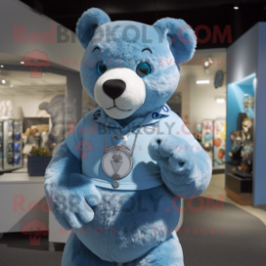 Sky Blue Bear mascot costume character dressed with a Henley Shirt and Bracelets