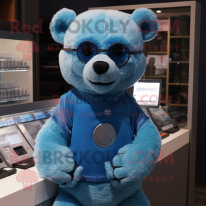 Sky Blue Bear mascot costume character dressed with a Henley Shirt and Bracelets