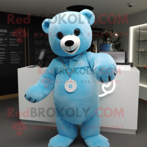 Sky Blue Bear mascot costume character dressed with a Henley Shirt and Bracelets