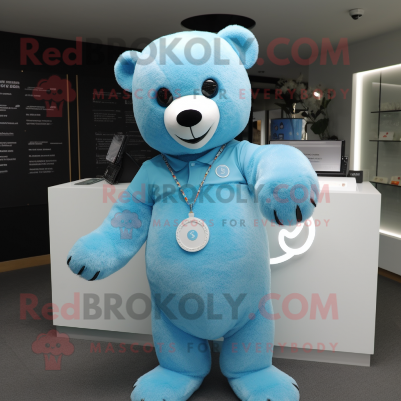 Sky Blue Bear mascot costume character dressed with a Henley Shirt and Bracelets Sky Blue Bear mascot costume character dressed with a Henley Shirt and Bracelets