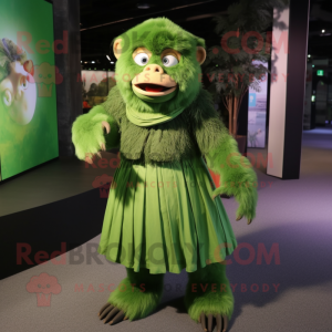 Green Monkey mascot costume character dressed with a Pleated Skirt and Foot pads