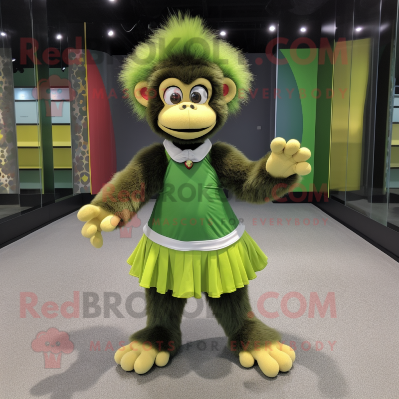 Green Monkey mascot costume character dressed with a Pleated Skirt and Foot pads