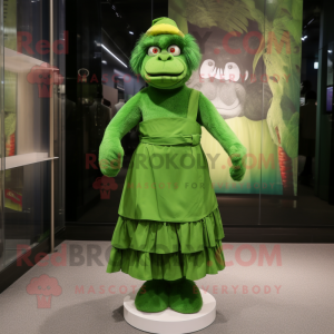 Green Monkey mascot costume character dressed with a Pleated Skirt and Foot pads