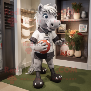Gray Mare mascot costume character dressed with a Rugby Shirt and Clutch bags