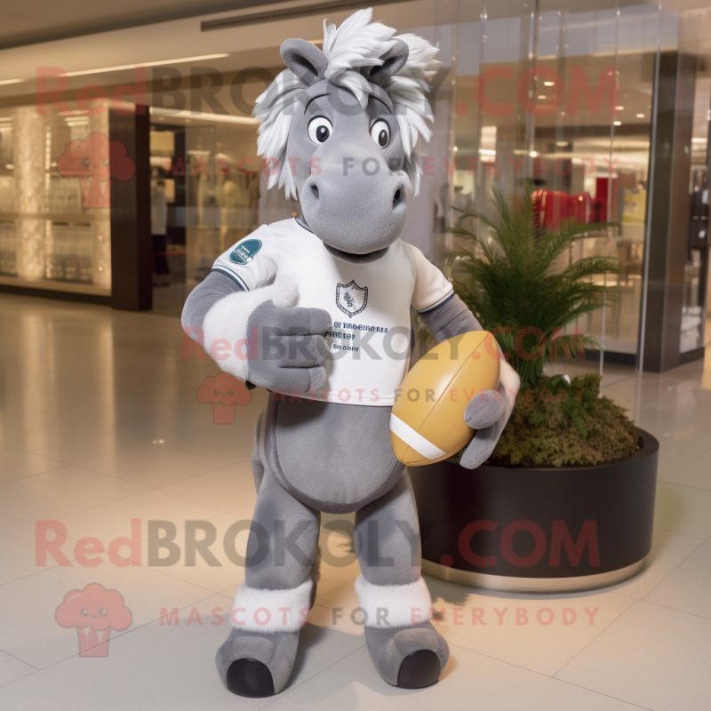 Gray Mare mascot costume character dressed with a Rugby Shirt and Clutch bags