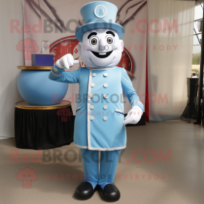 Sky Blue Ring Master mascot costume character dressed with a Button-Up Shirt and Foot pads