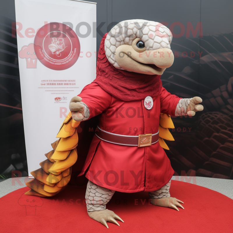 Red Pangolin mascot costume character dressed with a Polo Shirt and Shawls Red Pangolin mascot costume character dressed with a Polo Shirt and Shawls