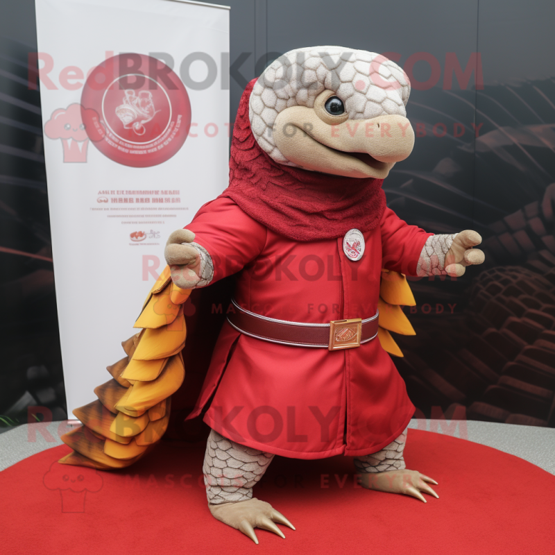 Red Pangolin mascot costume character dressed with a Polo Shirt and Shawls