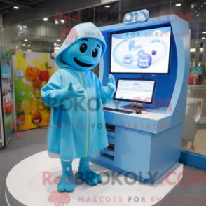 Himmelsblå datormaskotdräkt med regnrock och klockor - Datormaskotar - REBROKO_356274 - RedBrokoly.com