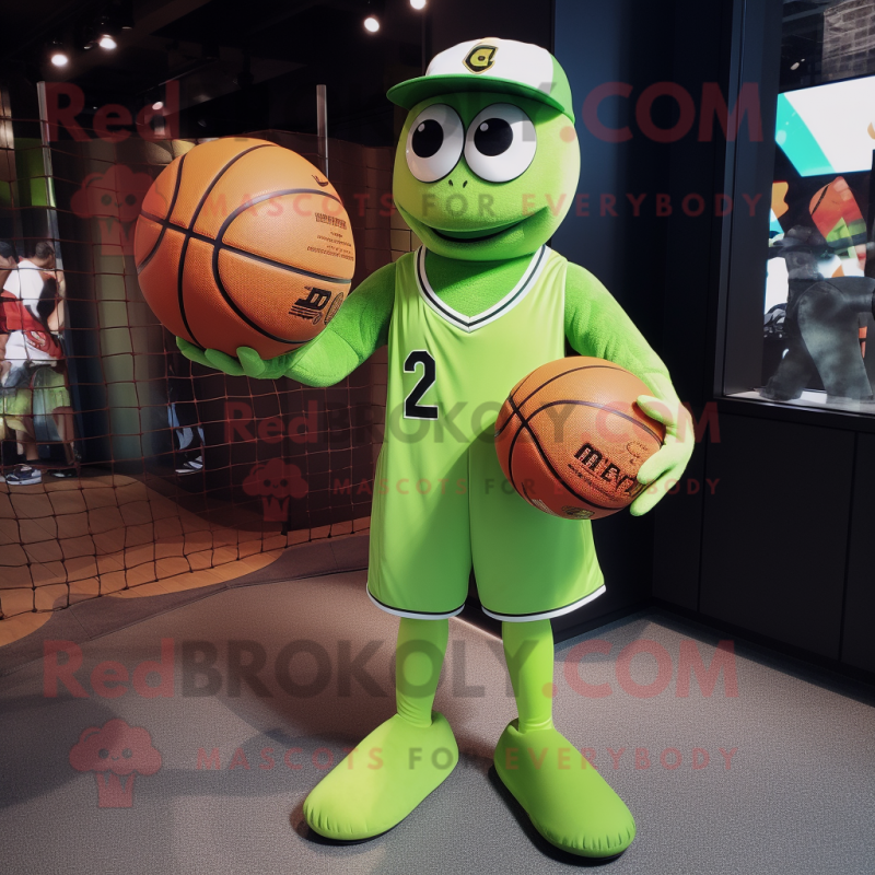 Lime Green Basketball Ball mascot costume character dressed with a Baseball Tee and Beanies Lime Green Basketball Ball mascot costume character dressed with a Baseball Tee and Beanies