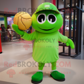 Lime Green Basketball Ball mascot costume character dressed with a Baseball Tee and Beanies