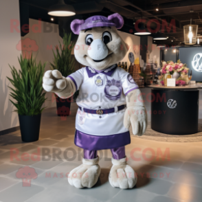 Lavender Champagne mascot costume character dressed with a Rugby Shirt and Brooches