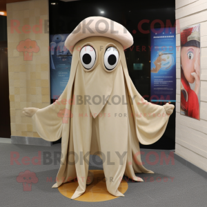 Beige Squid mascot costume character dressed with a Long Sleeve Tee and Shawl pins