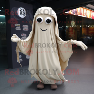 Beige Squid mascot costume character dressed with a Long Sleeve Tee and Shawl pins