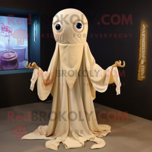 Beige Squid mascot costume character dressed with a Long Sleeve Tee and Shawl pins