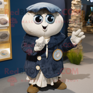 Navy Oyster mascot costume character dressed with a Cardigan and Coin purses