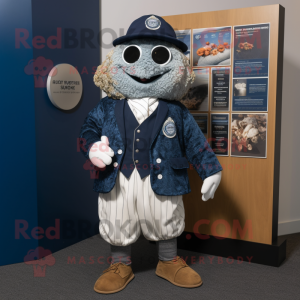 Navy Oyster mascot costume character dressed with a Cardigan and Coin purses