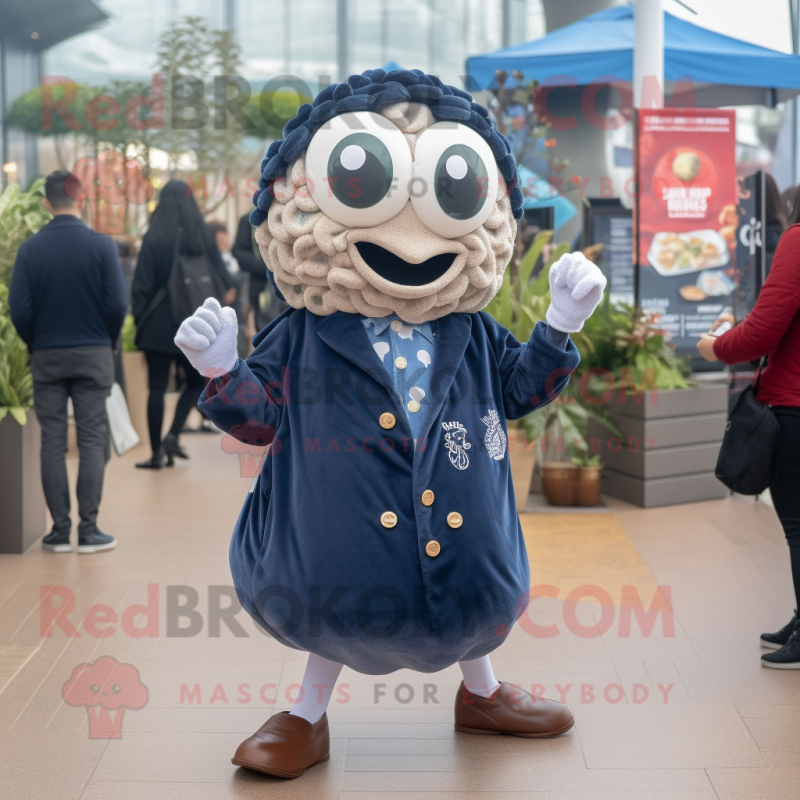 Navy Oyster mascot costume character dressed with a Cardigan and Coin purses