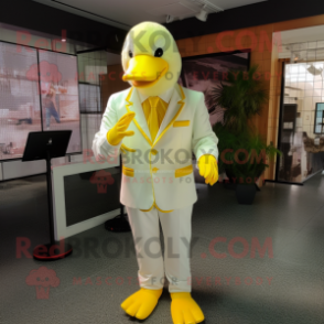 Lemon Yellow Swan mascot costume character dressed with a Suit Pants and Gloves