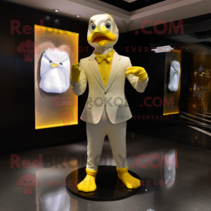 Lemon Yellow Swan mascot costume character dressed with a Suit Pants and Gloves