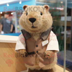 Beige Capybara mascot costume character dressed with a Vest and Headbands