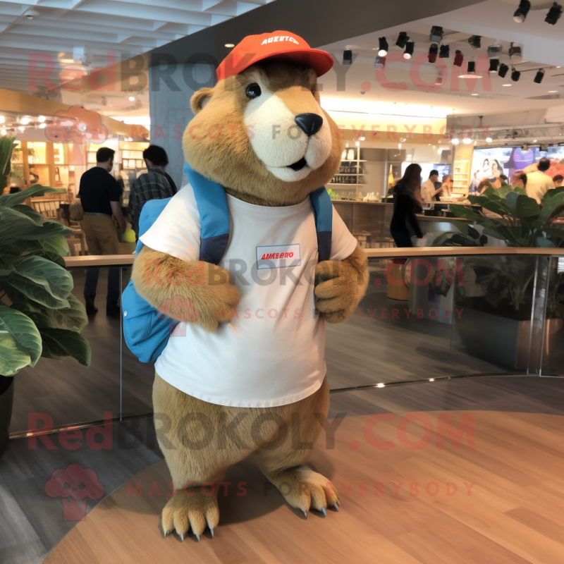 Beige Capybara mascot costume character dressed with a Vest and Headbands