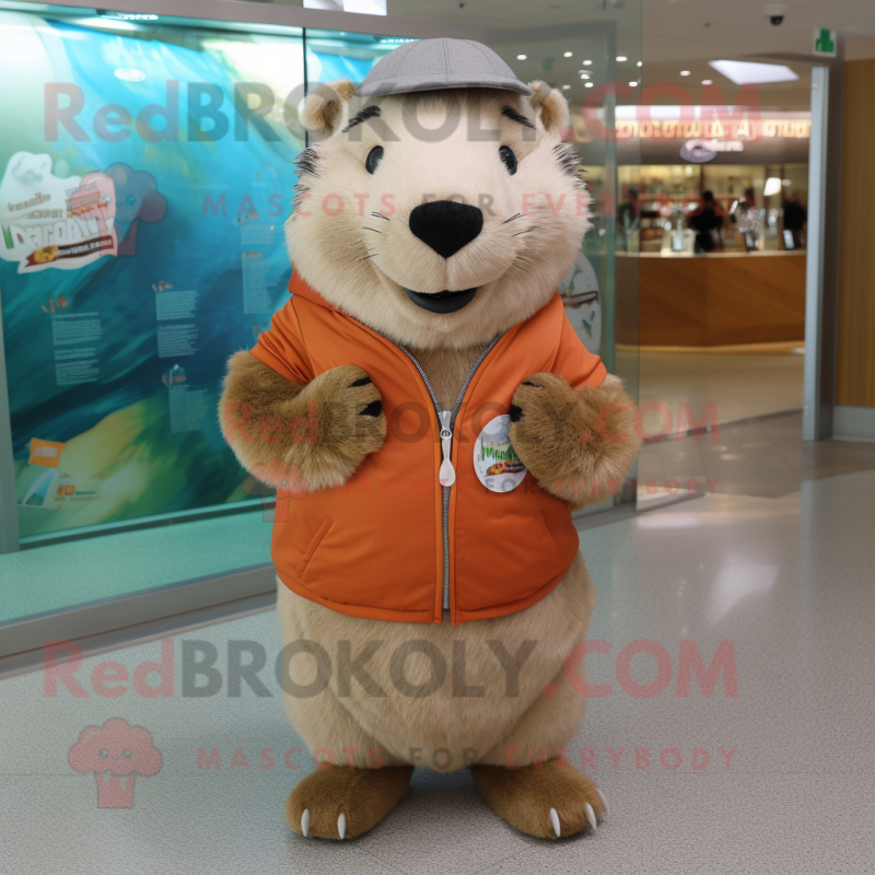 Beige Capybara mascot costume character dressed with a Vest and Headbands