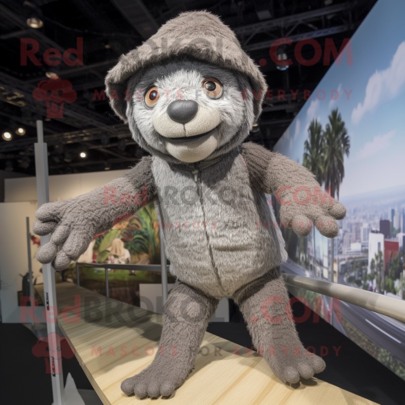 Gray Tightrope Walker mascot costume character dressed with a Cover-up and Beanies Gray Tightrope Walker mascot costume character dressed with a Cover-up and Beanies
