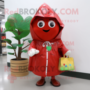 Rust Strawberry mascot costume character dressed with a Raincoat and Messenger bags